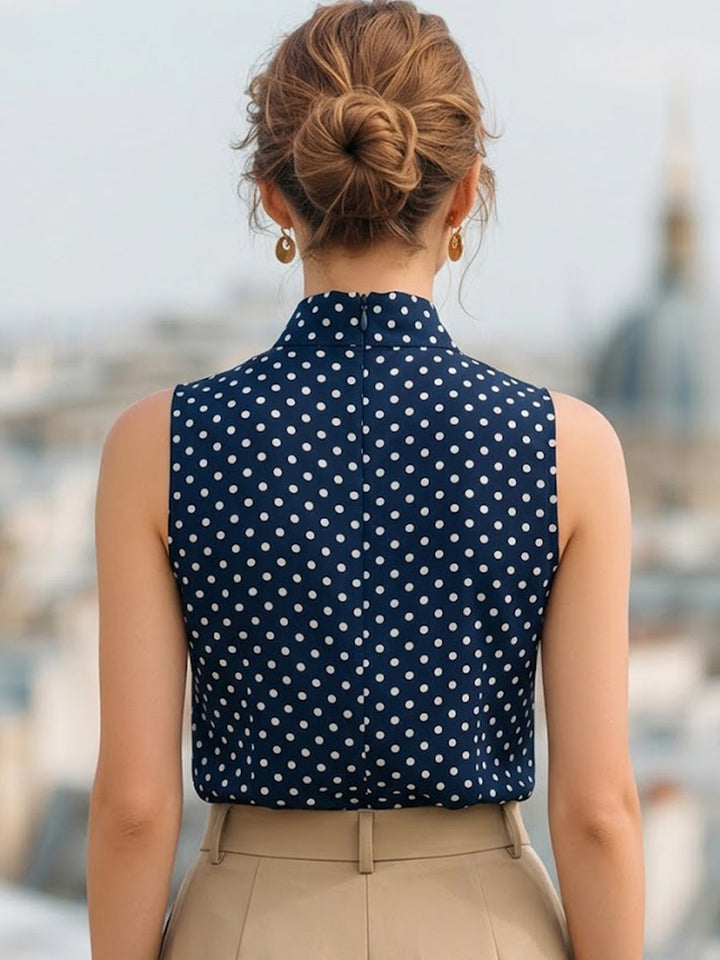 Chic Navy Blue Polka Dot Sleeveless Blouse With Bow Tie Neck